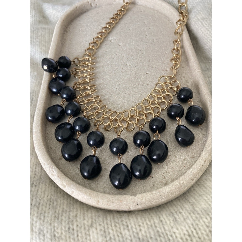 Gold Tone Black Bead Bib Necklace Statement Dangle Glam Couture Chunky